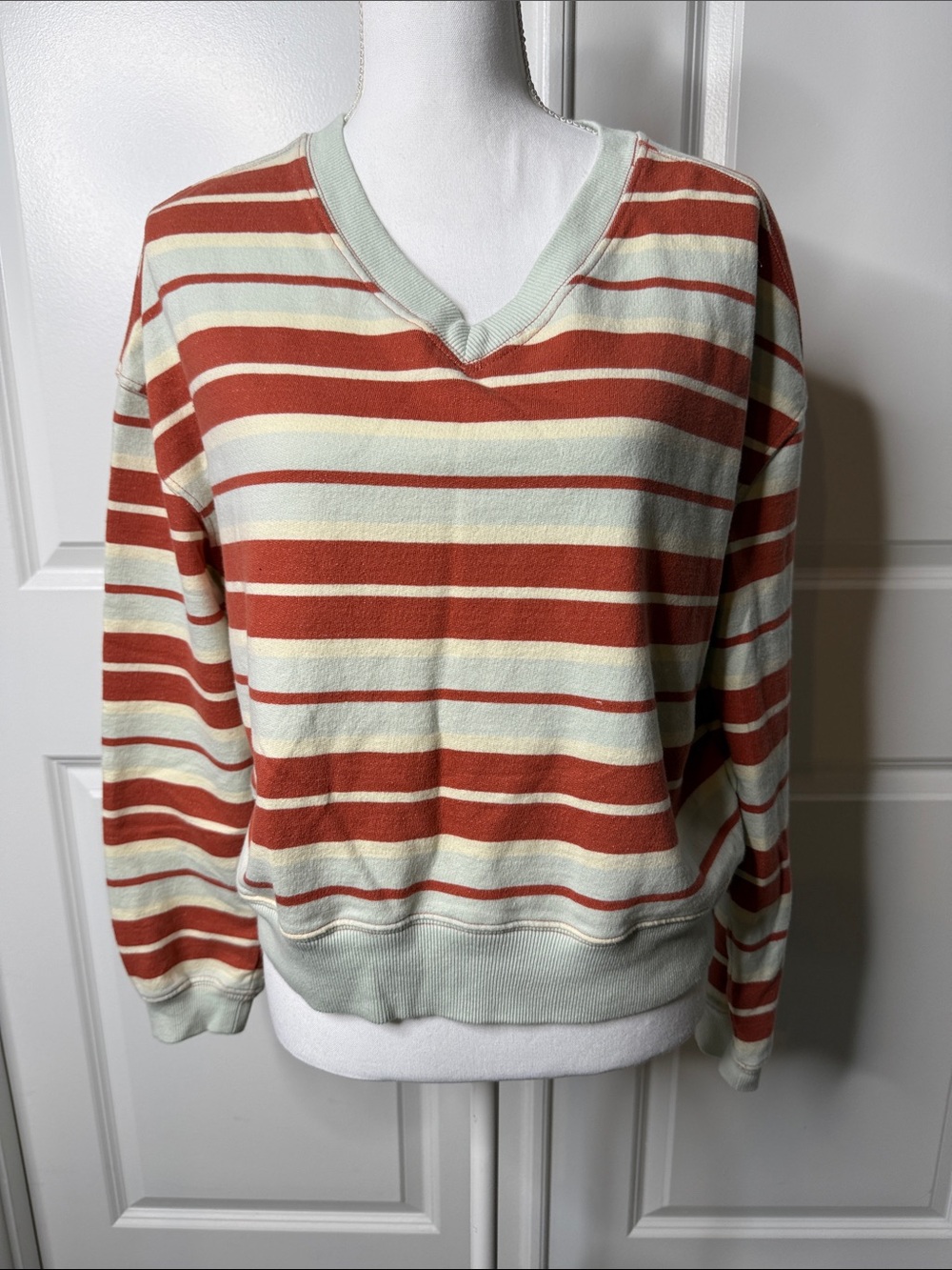 Free People Rust Orange and Cream Striped V‑Neck Pullover Small Preppy